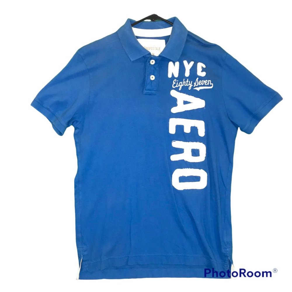 Aeropostale Men's Medium 100% Cotton Royal Blue Big Distressed Logo Polo Shirt